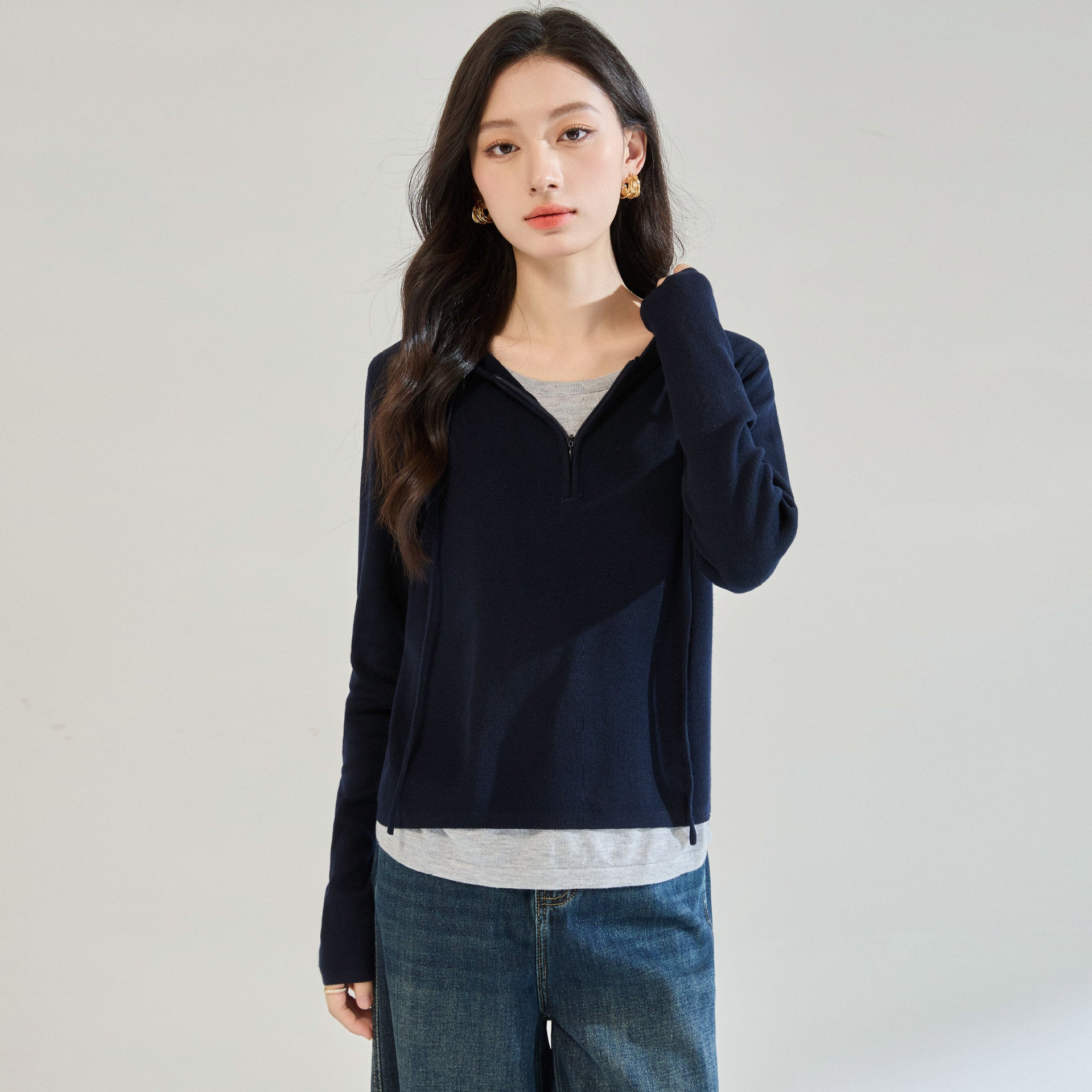 100% Cotton Long-Sleeved Hoodie Ladies Spring Striped Sweater