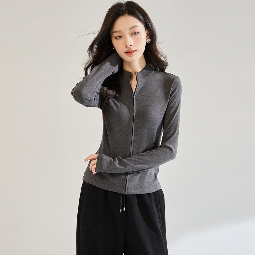 Fashion Women's Slim Fit Zipper Stand Collar Sweatshirt