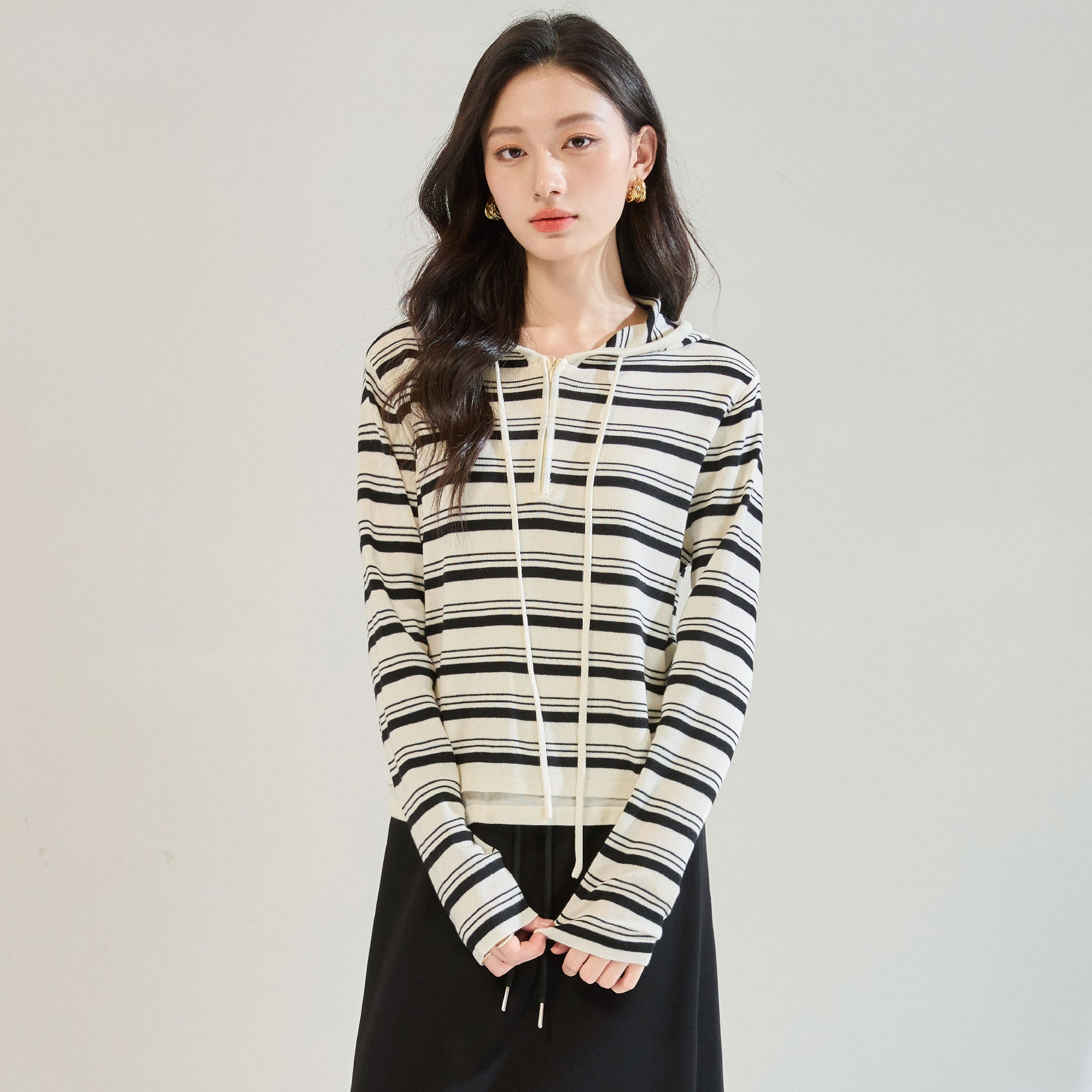 100% Cotton Long-Sleeved Hoodie Ladies Spring Striped Sweater