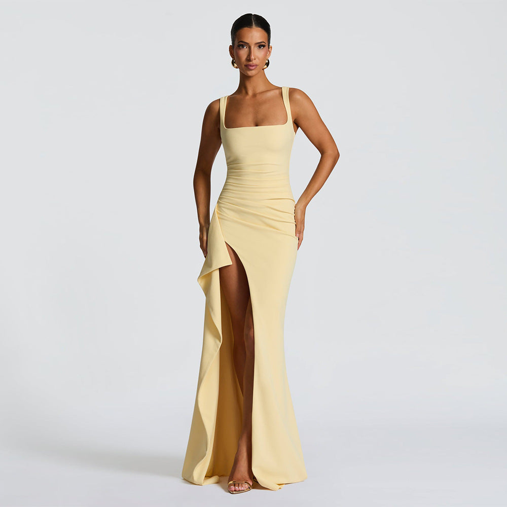 Royal Elder Sister Wind Temperament INS Wind Evening Dress Fashion Sling Dress Tight and Slim New Backless High Slit Dress Femal