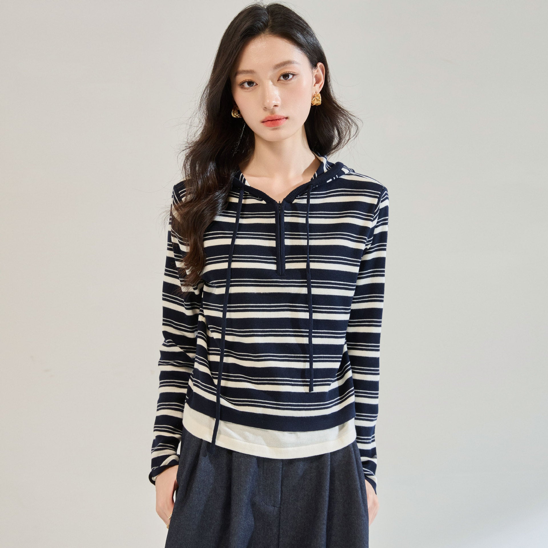 100% Cotton Long-Sleeved Hoodie Ladies Spring Striped Sweater