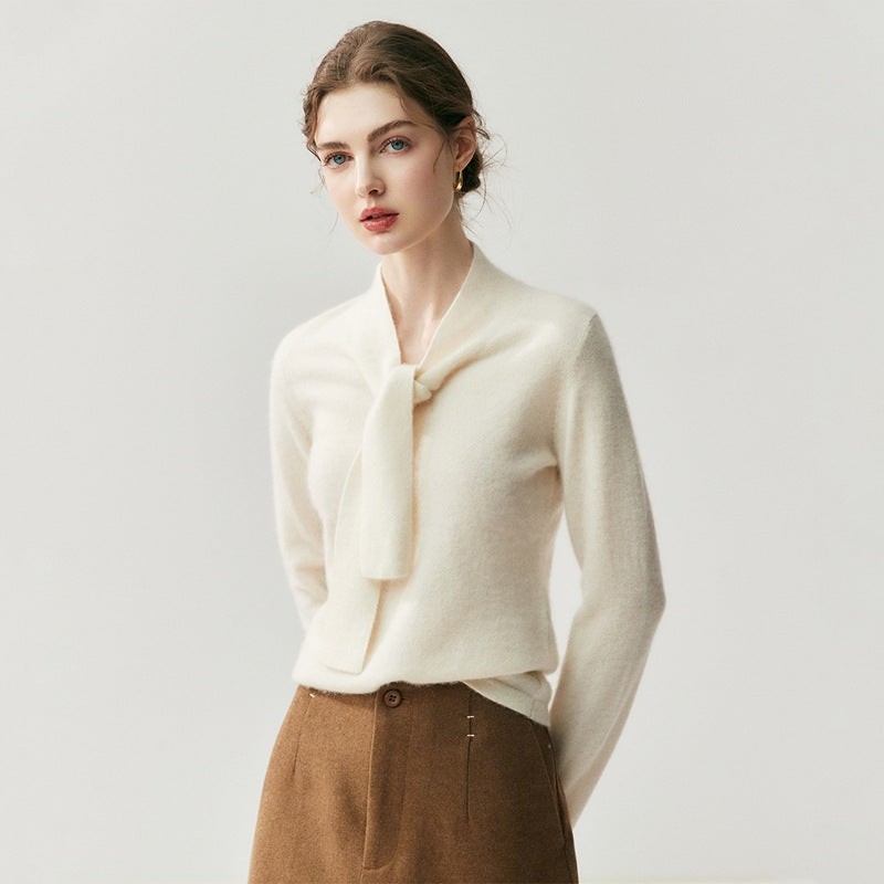 Women's 100% Cashmere Sweater Ribbon V-neck Design Pullovers Coats