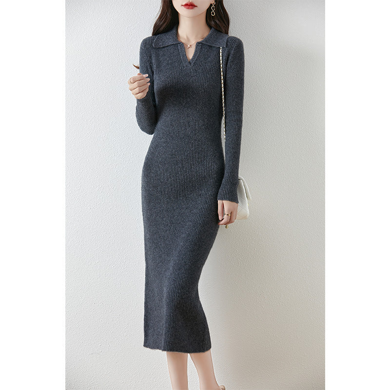 Autumn Winter Thickened Woolen Knitted Dress Women's Polo Collar Slim Fit Fashionable Versatile Sweater Dress Pure Color Full Sl