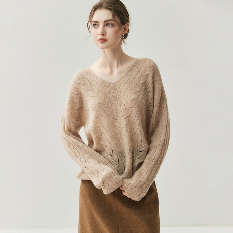 Women's V-neck Hollow-out Loose Fit Sweater