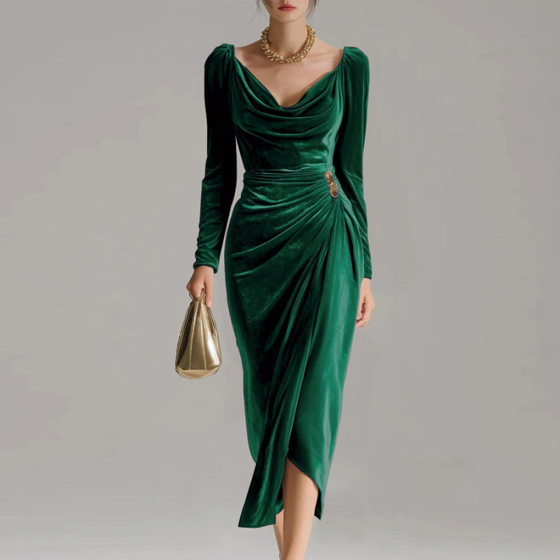 Women's Velvet Long Dress with Collar Sleeve and Slit Elegant Floor-Length Gown for Special Occasions