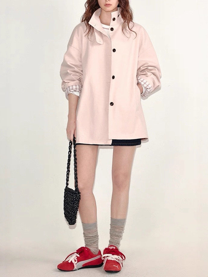 Short Women's Windbreaker Coat Creamy Peach Pink Sleeve Solid Color Design Spring New Style Small Size Collision Pattern