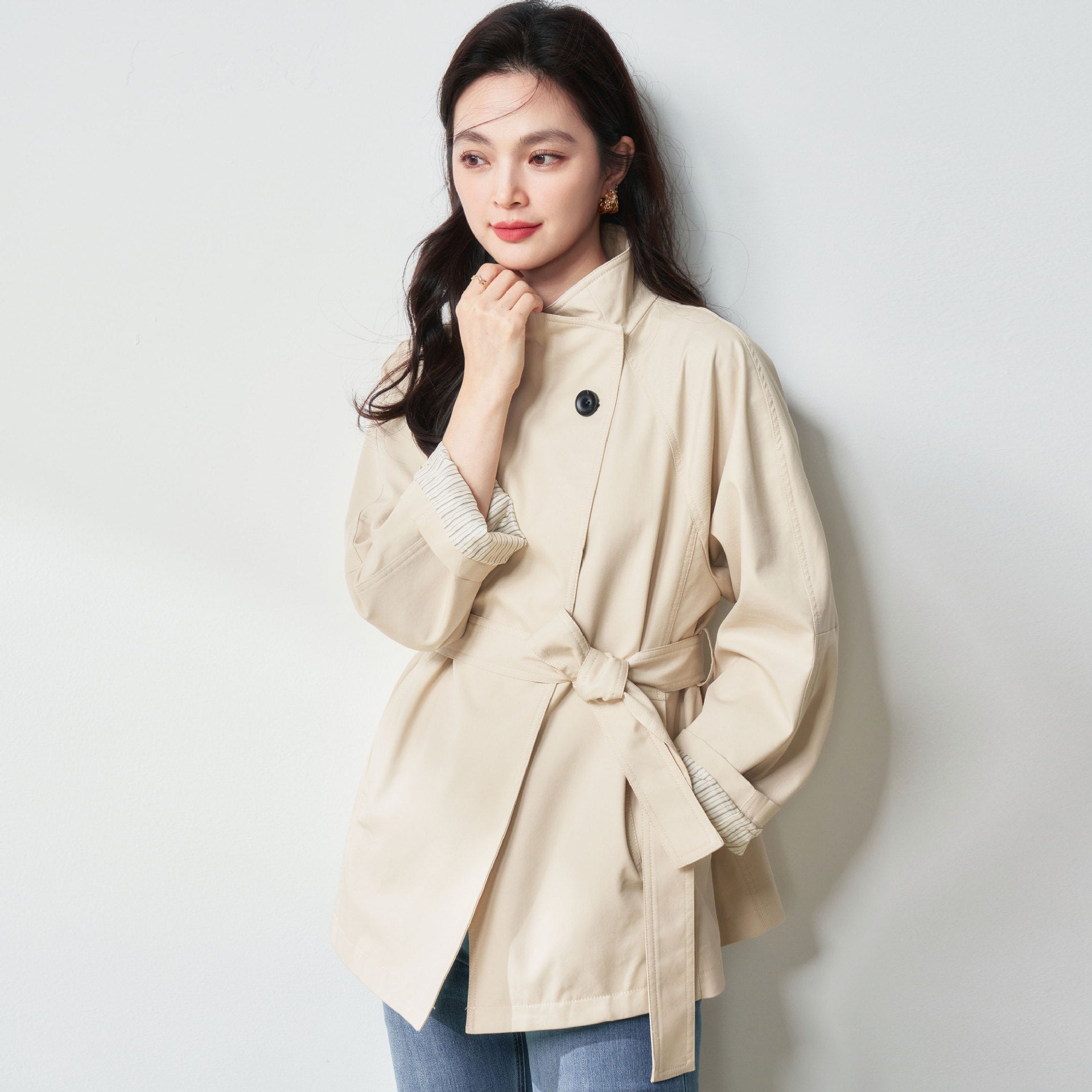 Fashion Khaki Trench Coat Women's Stand Collar Loose Single Button Sashes Windbreaker Coats