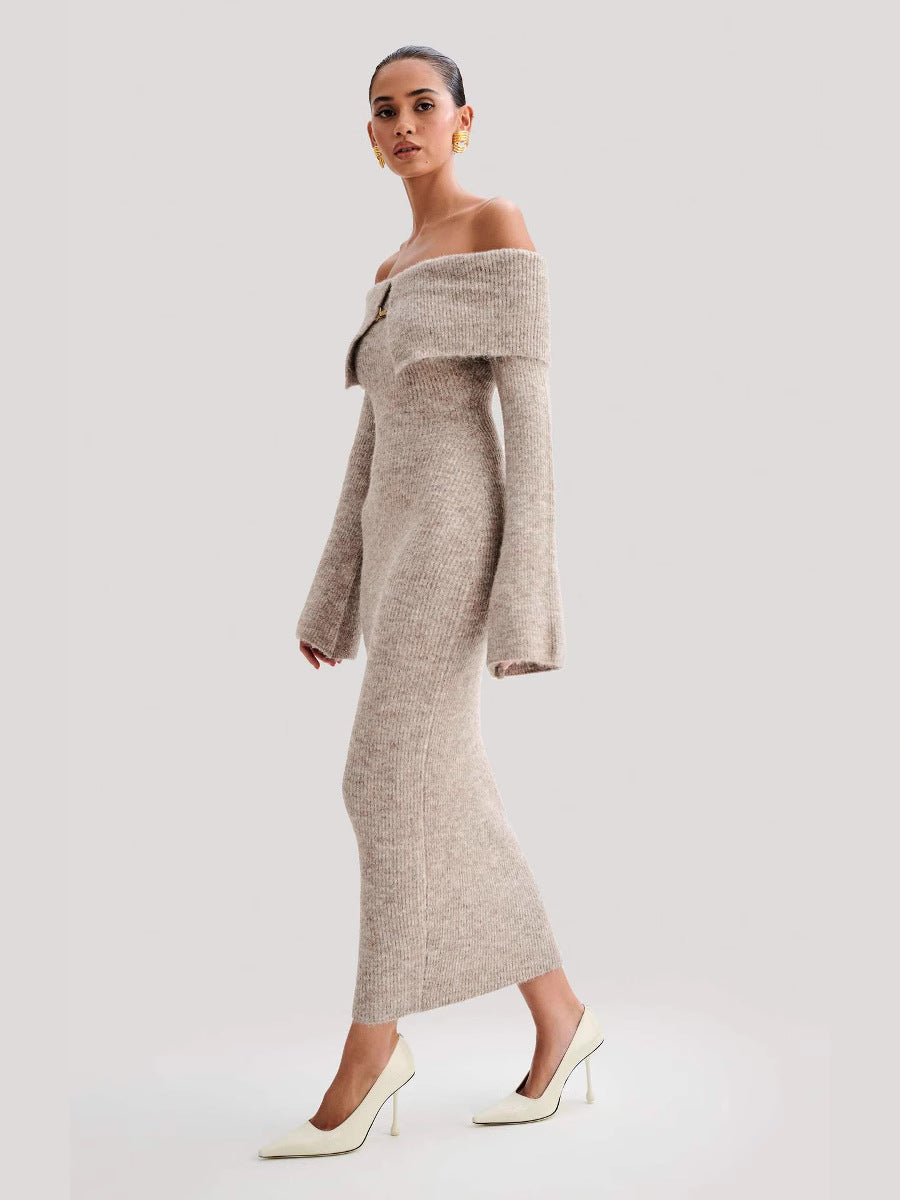 Autumn Winter Fashion Long Flare Sleeve Knit Dress, Women Sexy Off Shoulder Sweater Dress Party Wear, Female Outfits Cover-ups