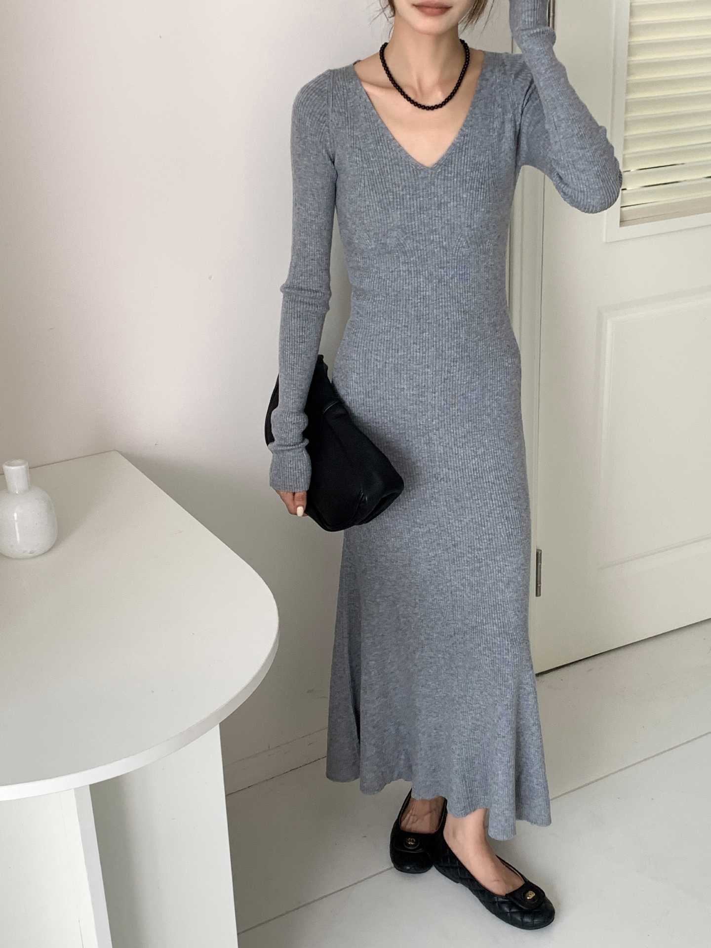 Knitted Fish Tail Dress Women's Autumn Winter Slim Fit Inner Wear Base Skirt Wrap Around Waist Long Dress Princess Sleeve P