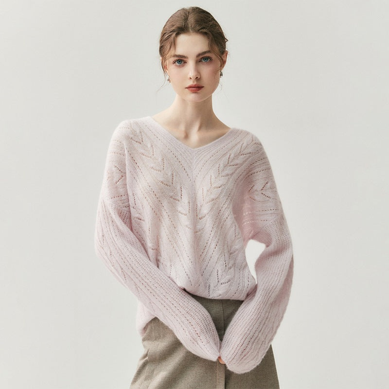 Women's V-neck Hollow-out Loose Fit Sweater