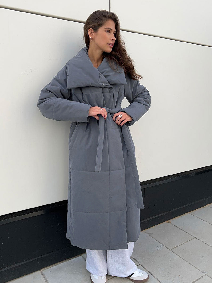 Women's Casual Warm Puffer Jacket Elegant Stand Collar Bandage Long Coat 2025 New Winter Loose Thicken Street All-match Jackets