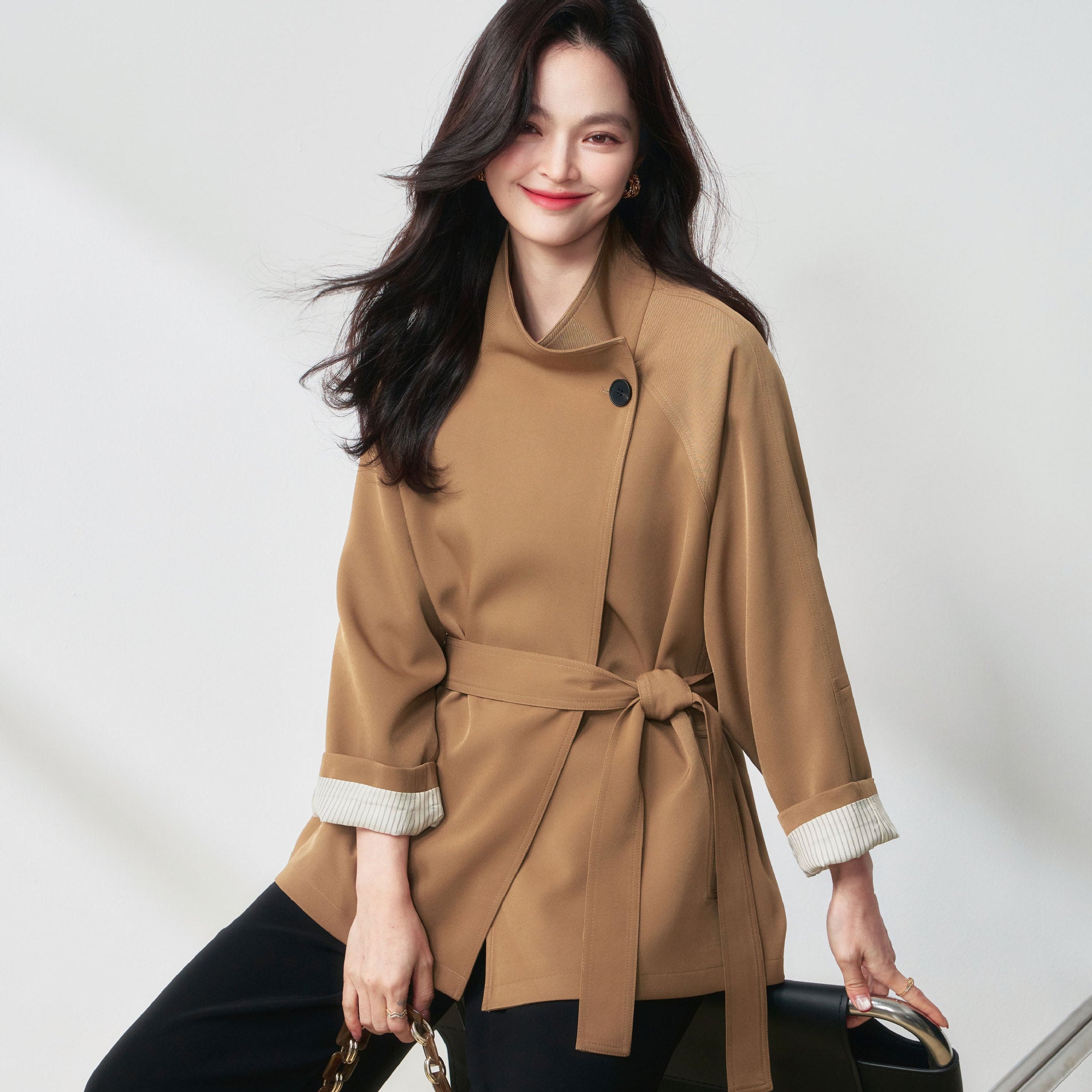 Fashion Khaki Trench Coat Women's Stand Collar Loose Single Button Sashes Windbreaker Coats