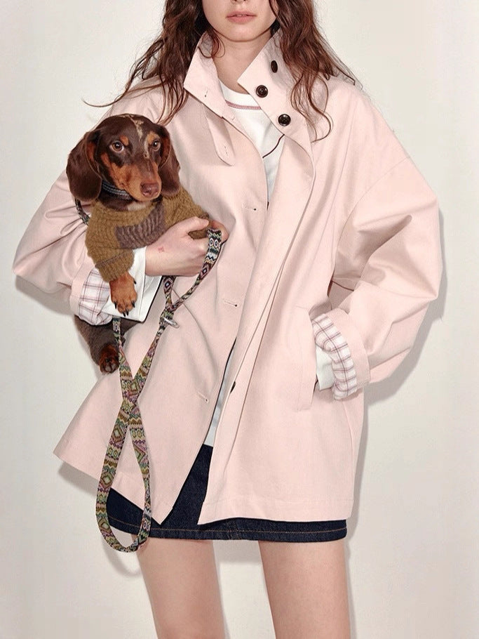 Short Women's Windbreaker Coat Creamy Peach Pink Sleeve Solid Color Design Spring New Style Small Size Collision Pattern