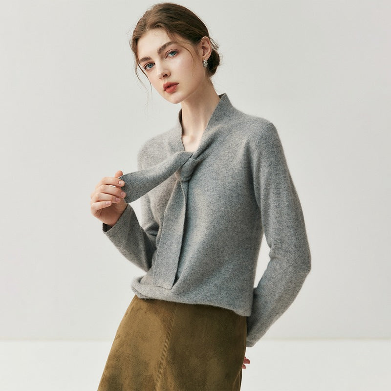 Women's 100% Cashmere Sweater Ribbon V-neck Design Pullovers Coats